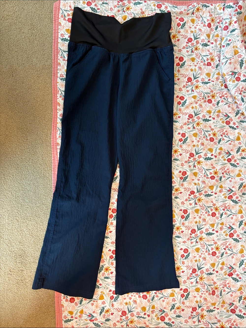 WonderWink Navy Flare Maternity Pants with Black Waistband